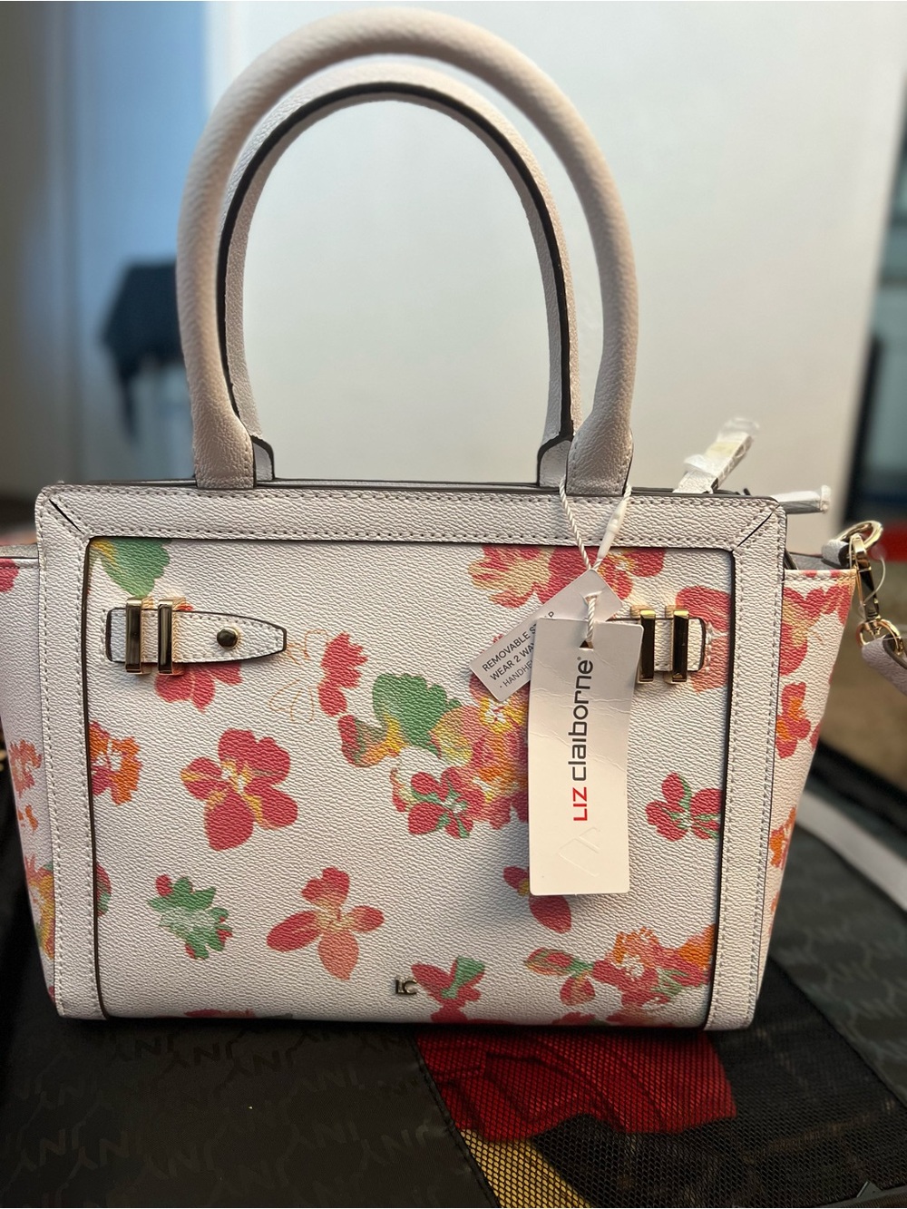 Liz Claiborne White Floral Printed Satchel with Gold Hardware